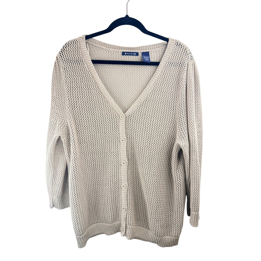 Architect Womens Beige Cotton Open Knit Button Front Boho Cardigan Sweater Sz 1X